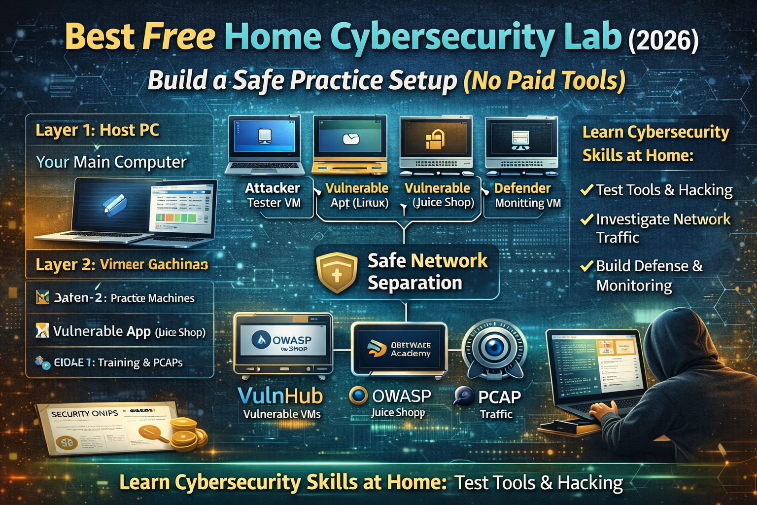 Best Free Home Cybersecurity Lab (2026): Build a Safe Practice Setup (No Paid Tools)